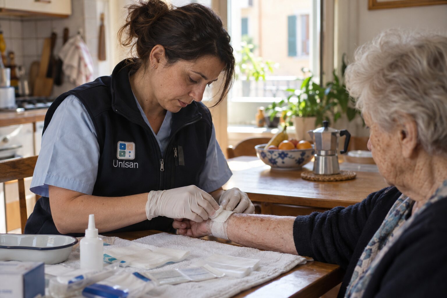 Infermiera Unisan medica una paziente anziana al tavolo della cucina