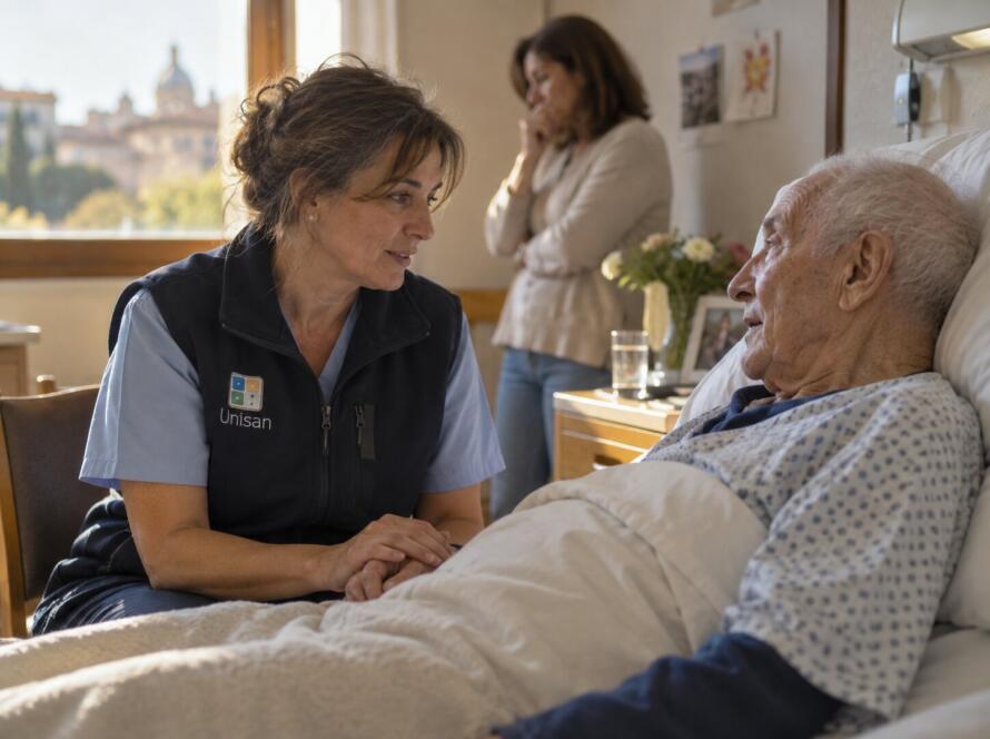 Infermiera Unisan tiene la mano di un paziente in una stanza di hospice
