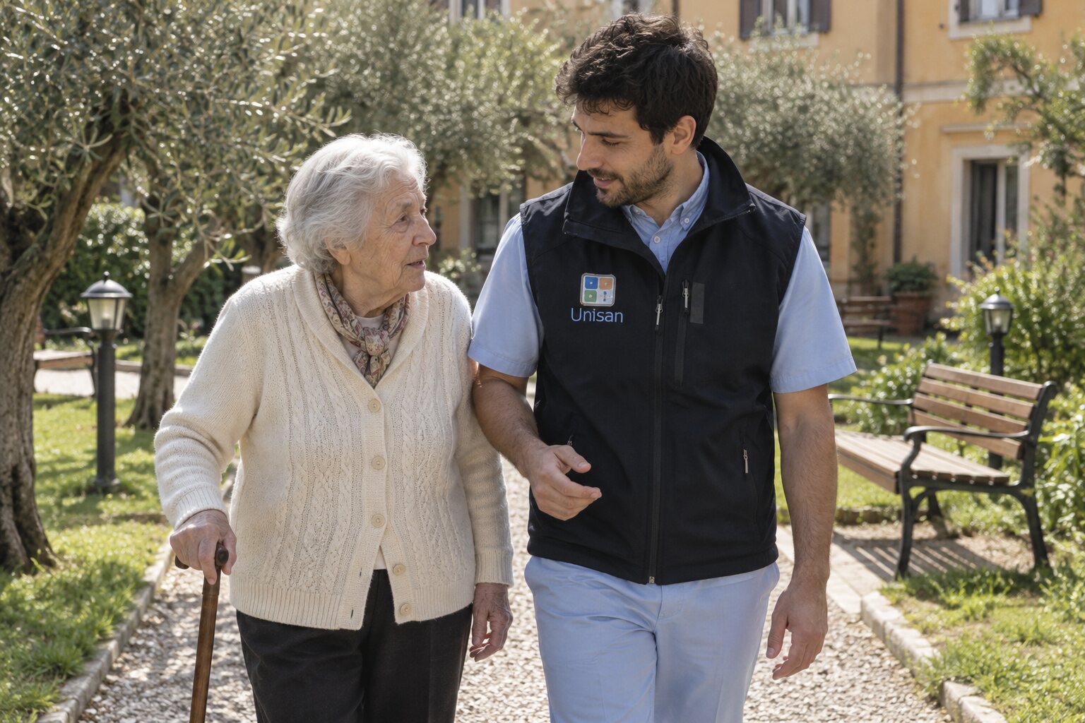 Operatrice Unisan passeggia in giardino con un ospite della struttura